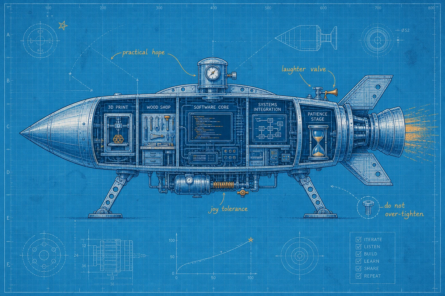 A full-size whimsical technical blueprint of a rocket-like maker system with labeled compartments for 3D printing, woodworking, software core, systems integration, patience, practical hope, joy tolerance, and a laughter valve.